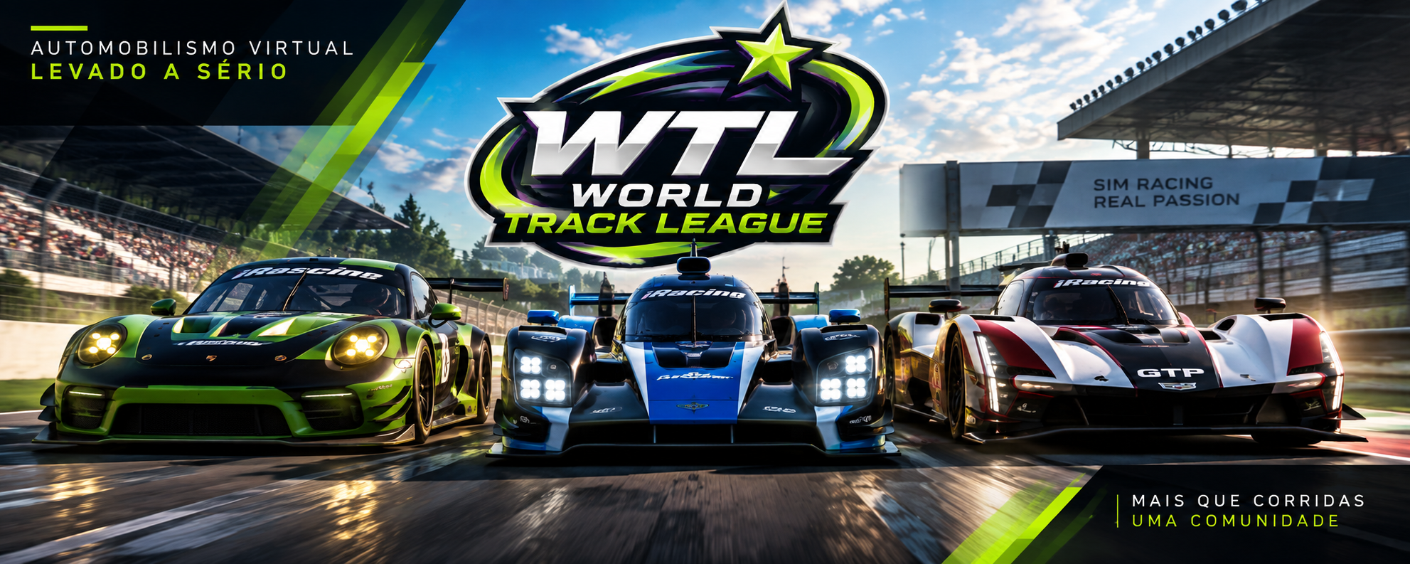 Banner oficial da World Track League com três carros de competição